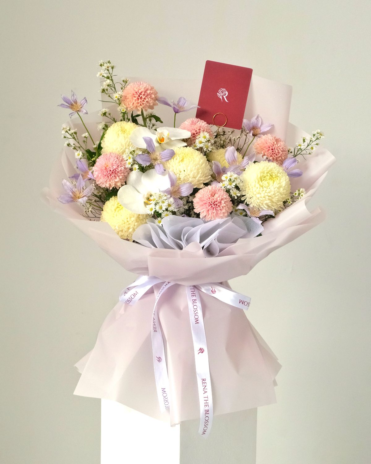 Pastel Dream - Pink gompie, peony mum & purple clematis with orchid — a soft pastel dream. - Rena The Blossom Jakarta