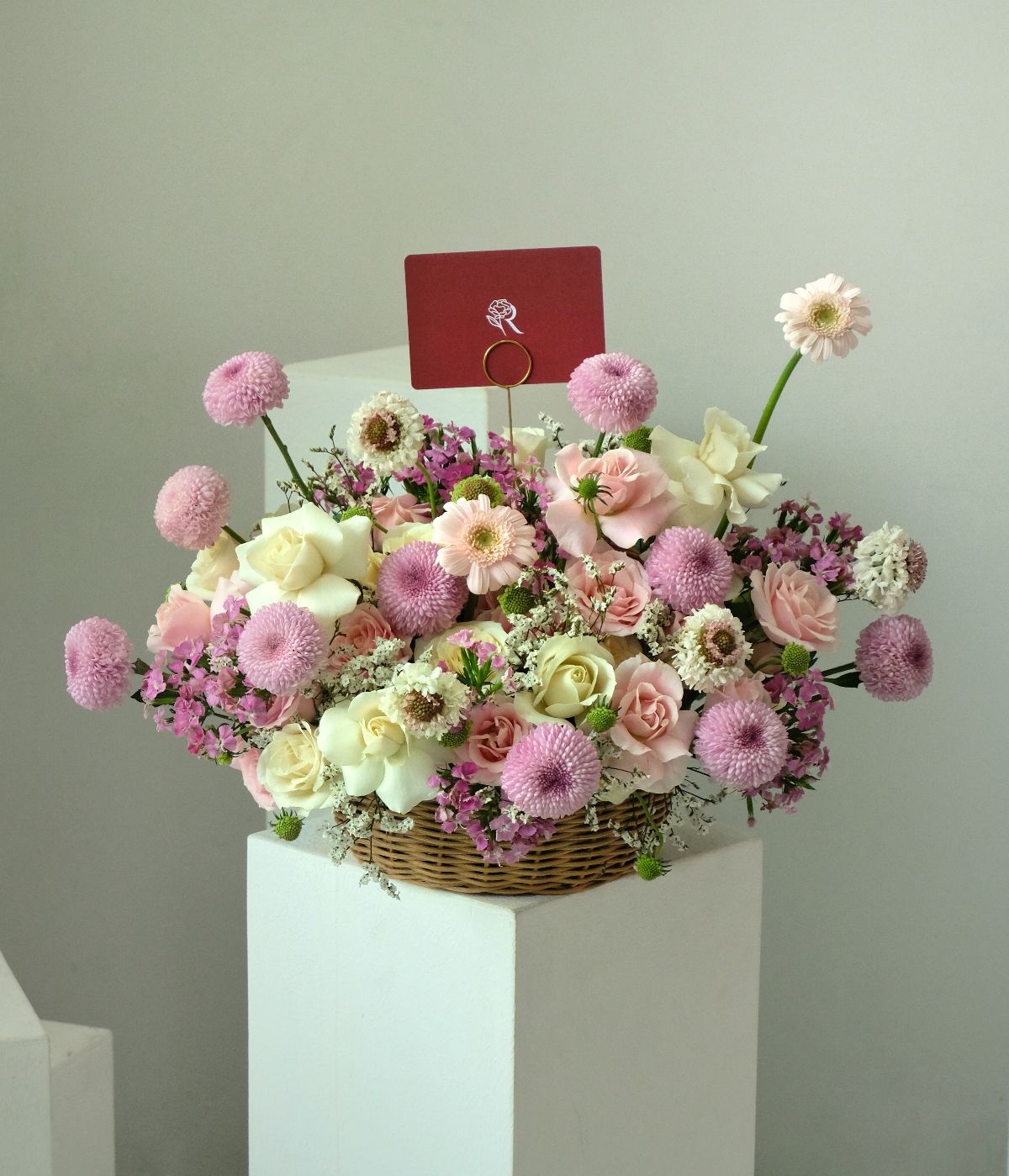 Rosy Violet - Purple scabiosa, pompom & roses with pink garbera in a basket — violet-rosy balance. - Rena The Blossom Jakarta